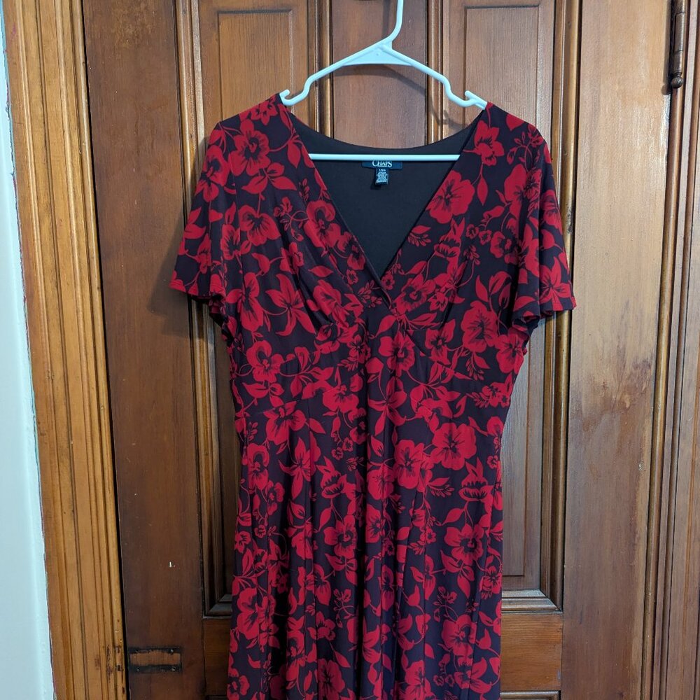 Chaps Navy & Red floral Empire waist dress with Flutter Sleeves- Size Large